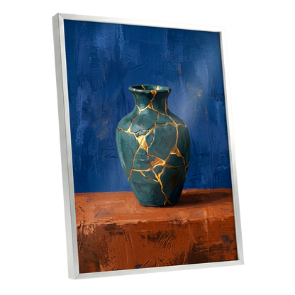 Gilded Fracture, blue, green, orange abstract wall art shown as a silver framed poster wall art print