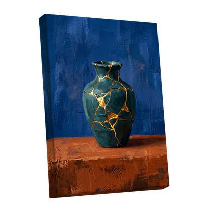 Gilded Fracture, blue, green, orange abstract wall art shown as a stretched canvas wall art