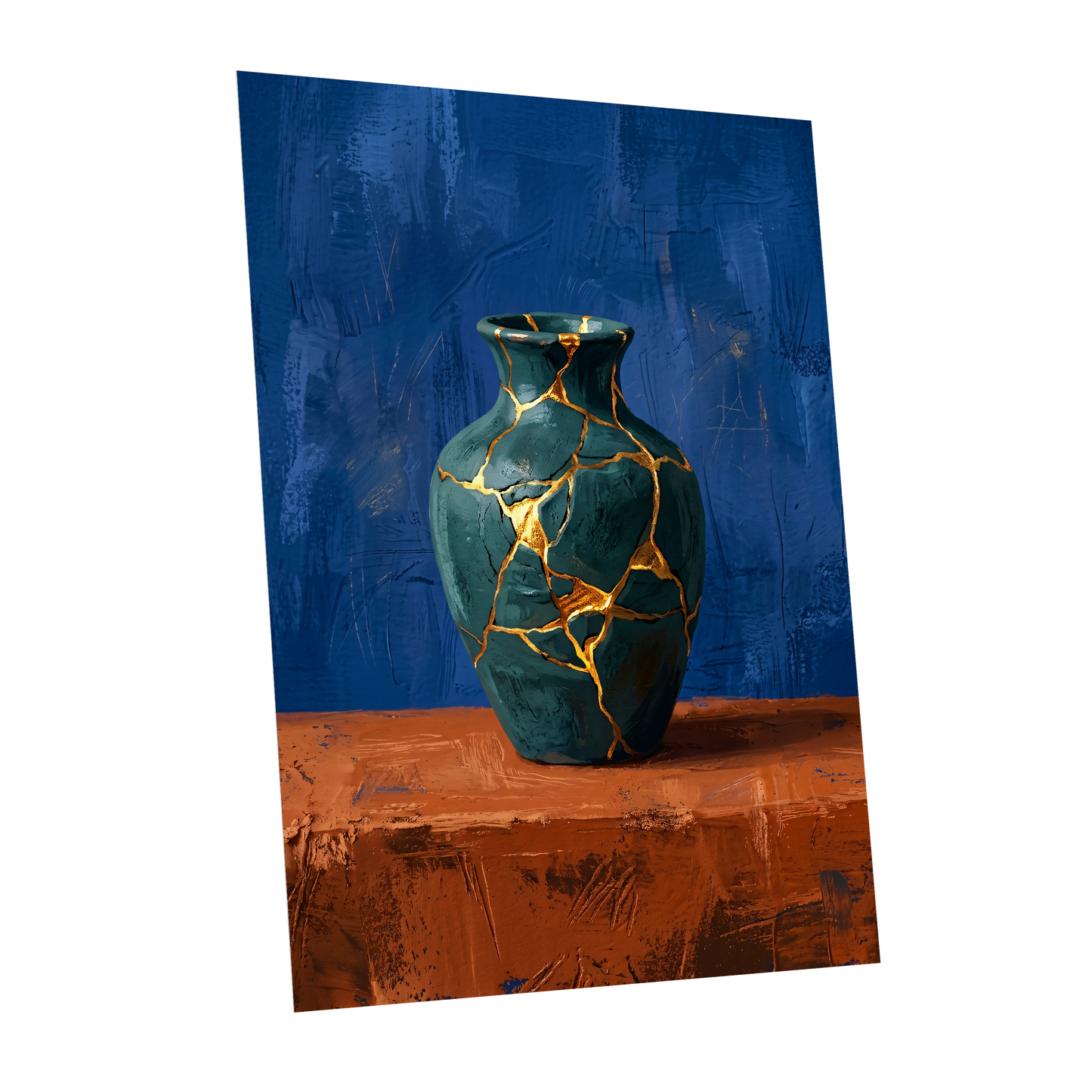 Gilded Fracture, blue, green, orange abstract wall art shown as a unframed poster wall art print