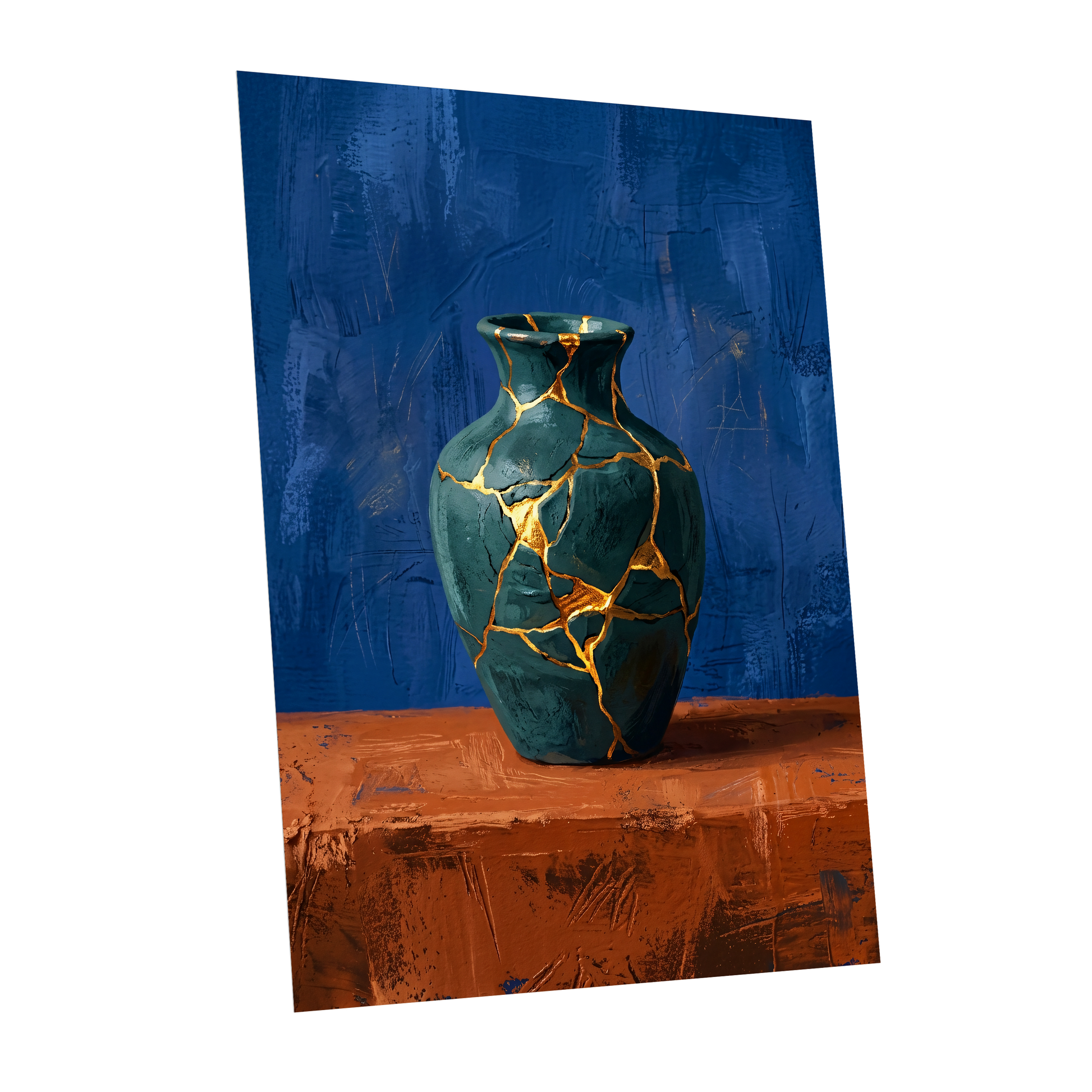 Gilded Fracture, blue, green, orange abstract wall art shown as a unframed poster wall art print