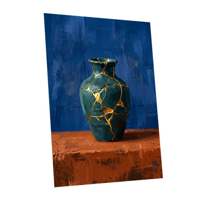 Gilded Fracture, blue, green, orange abstract wall art shown as a unframed poster wall art print