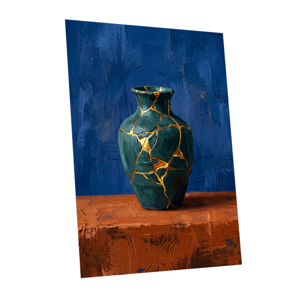 Gilded Fracture, blue, green, orange abstract wall art shown as a unframed poster wall art print