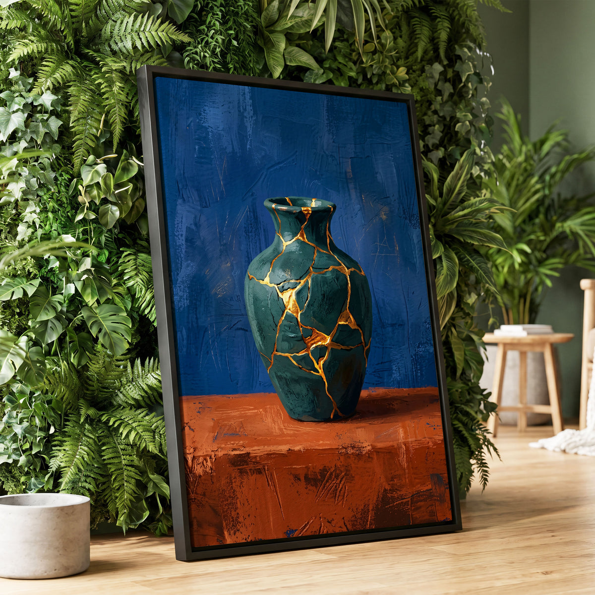 Gilded Fracture, blue, green, orange abstract wall art displayed in a styled interior, gallery view 1