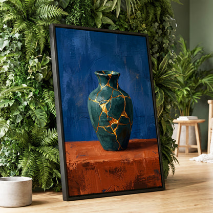 Gilded Fracture, blue, green, orange abstract wall art displayed in a styled interior, gallery view 1