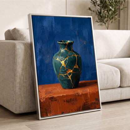 Gilded Fracture, blue, green, orange abstract wall art displayed in a styled interior, gallery view 2
