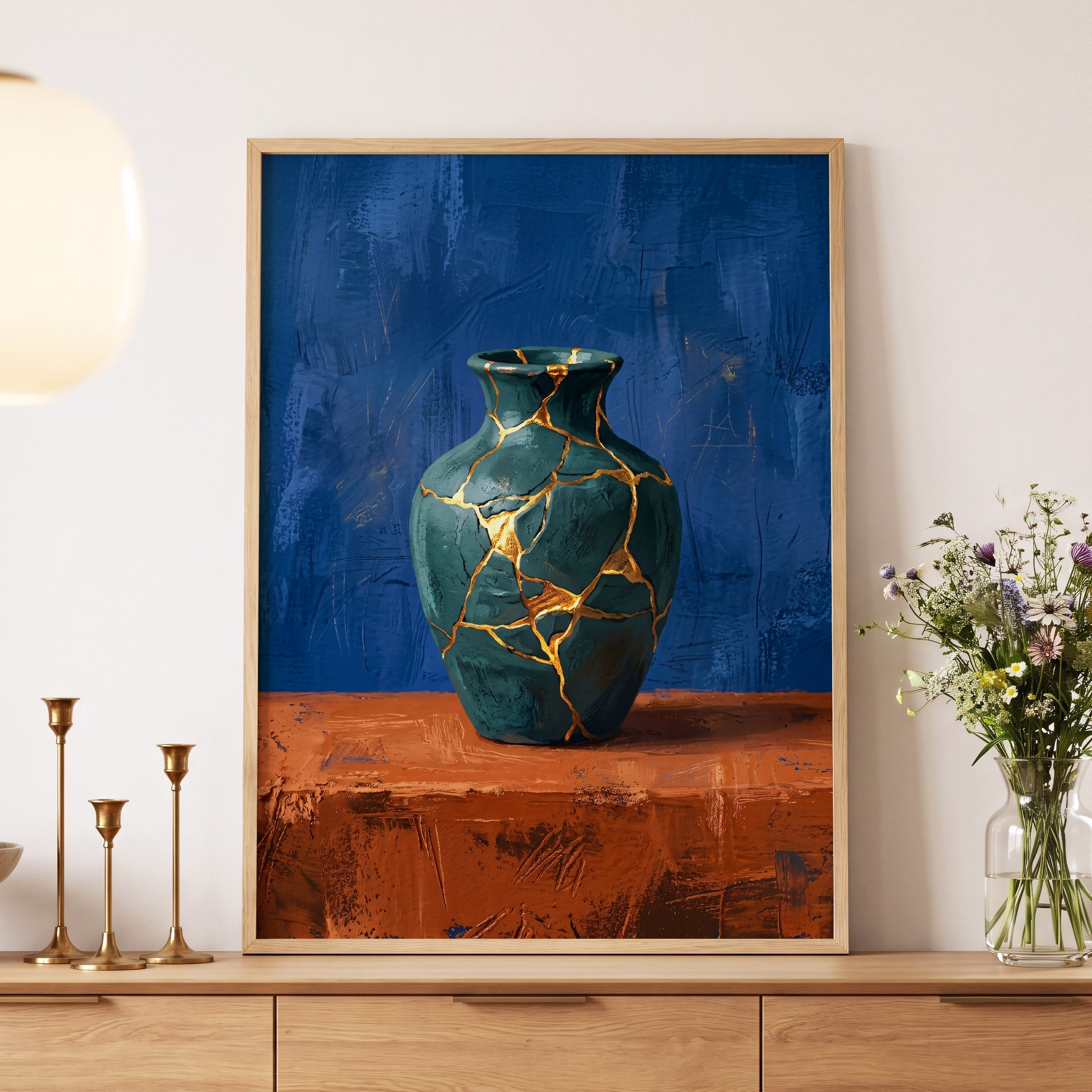 Gilded Fracture, blue, green, orange abstract wall art displayed in a styled interior, gallery view 4