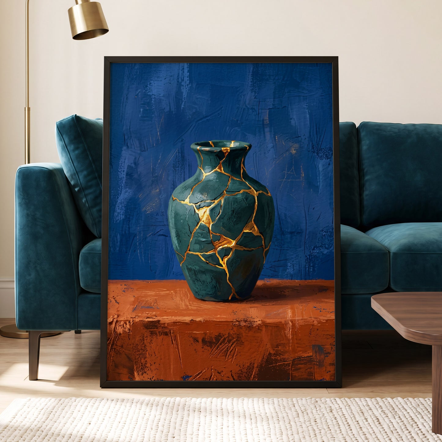 Gilded Fracture, blue, green, orange abstract wall art displayed in a styled interior, gallery view 5