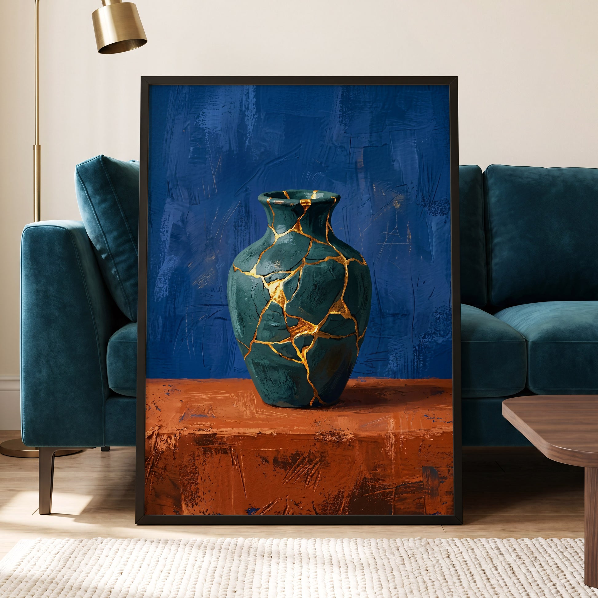 Gilded Fracture, blue, green, orange abstract wall art displayed in a styled interior, gallery view 5