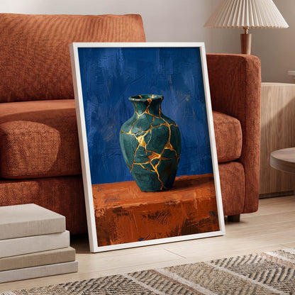 Gilded Fracture, blue, green, orange abstract wall art displayed in a styled interior, gallery view 6