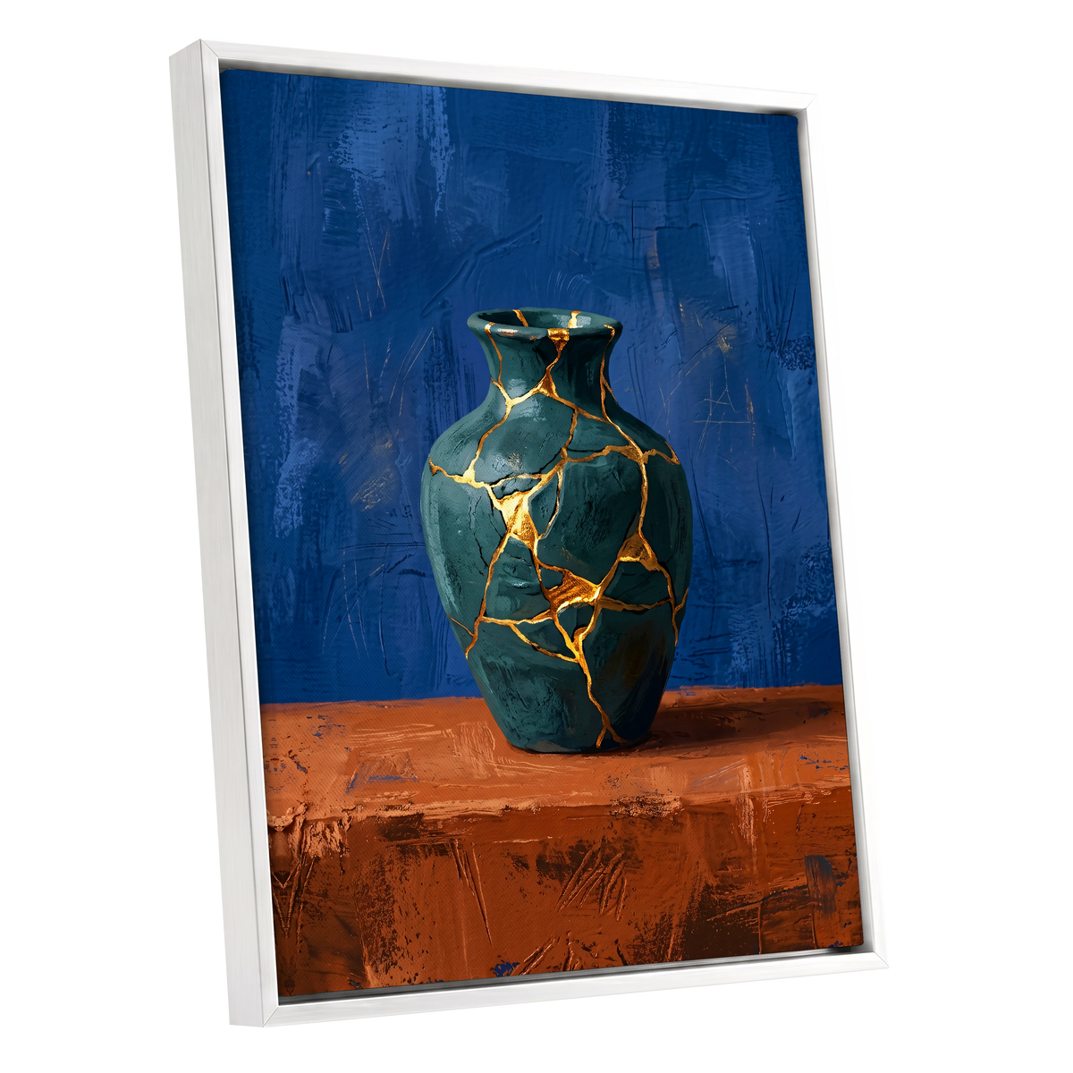 Gilded Fracture, blue, green, orange abstract wall art shown as a white framed canvas wall art