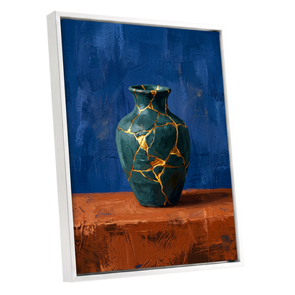 Gilded Fracture, blue, green, orange abstract wall art shown as a white framed canvas wall art