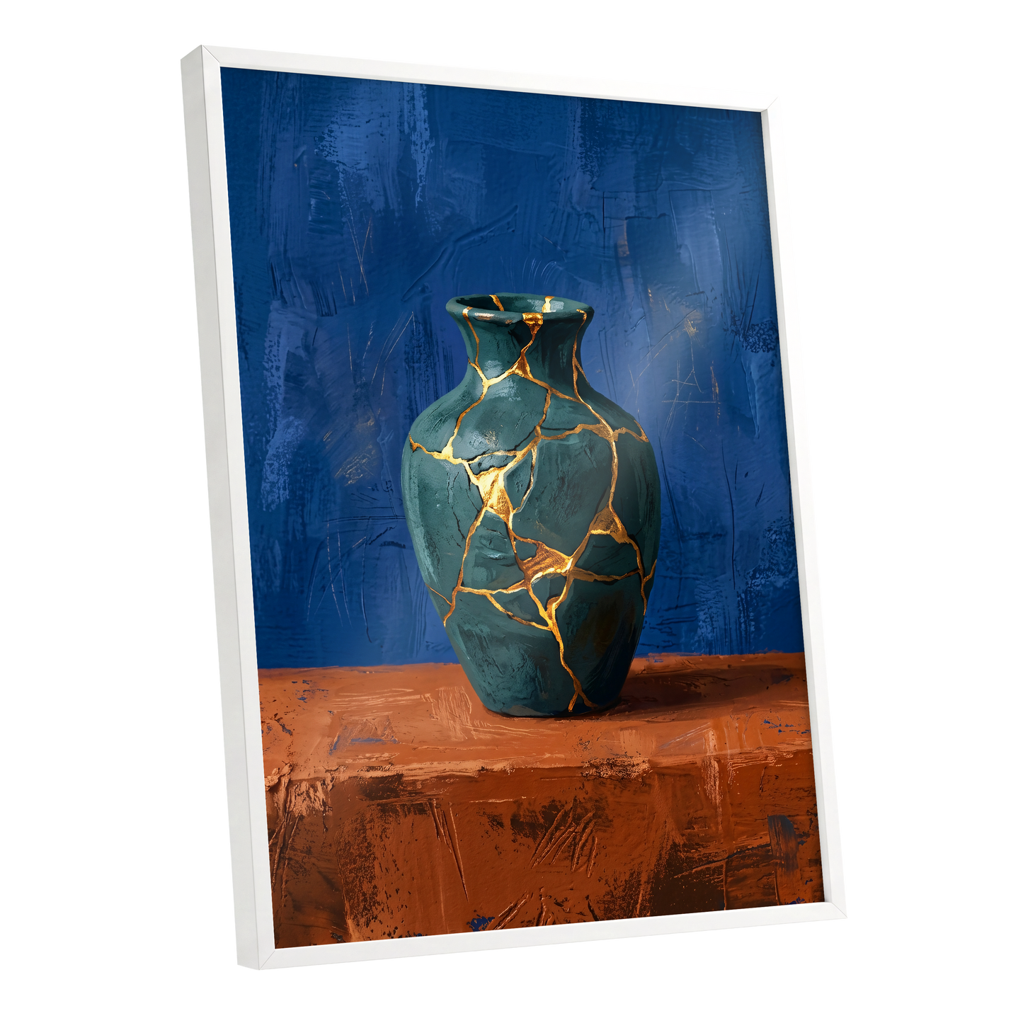 Gilded Fracture, blue, green, orange abstract wall art shown as a white framed poster wall art print