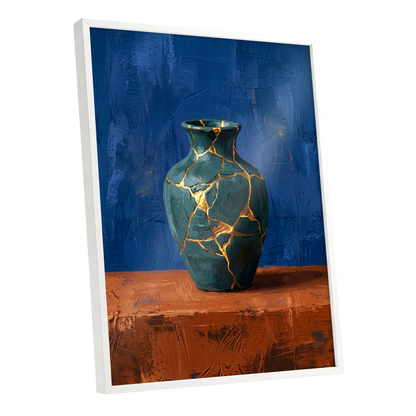 Gilded Fracture, blue, green, orange abstract wall art shown as a white framed poster wall art print