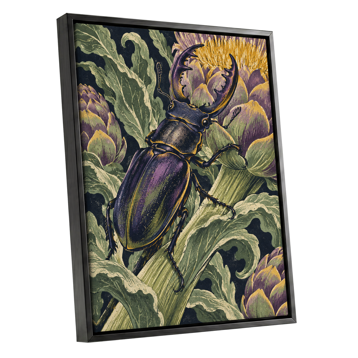 Gilded Garden Beetle, black, green, purple nature wall art shown as a black framed canvas wall art