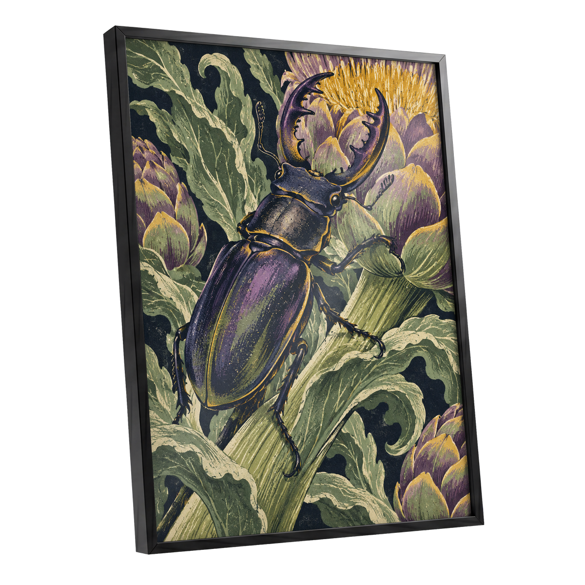 Gilded Garden Beetle, black, green, purple nature wall art shown as a black framed poster wall art print