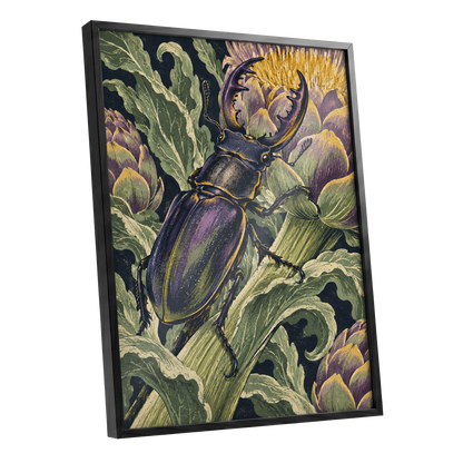 Gilded Garden Beetle, black, green, purple nature wall art shown as a black framed poster wall art print