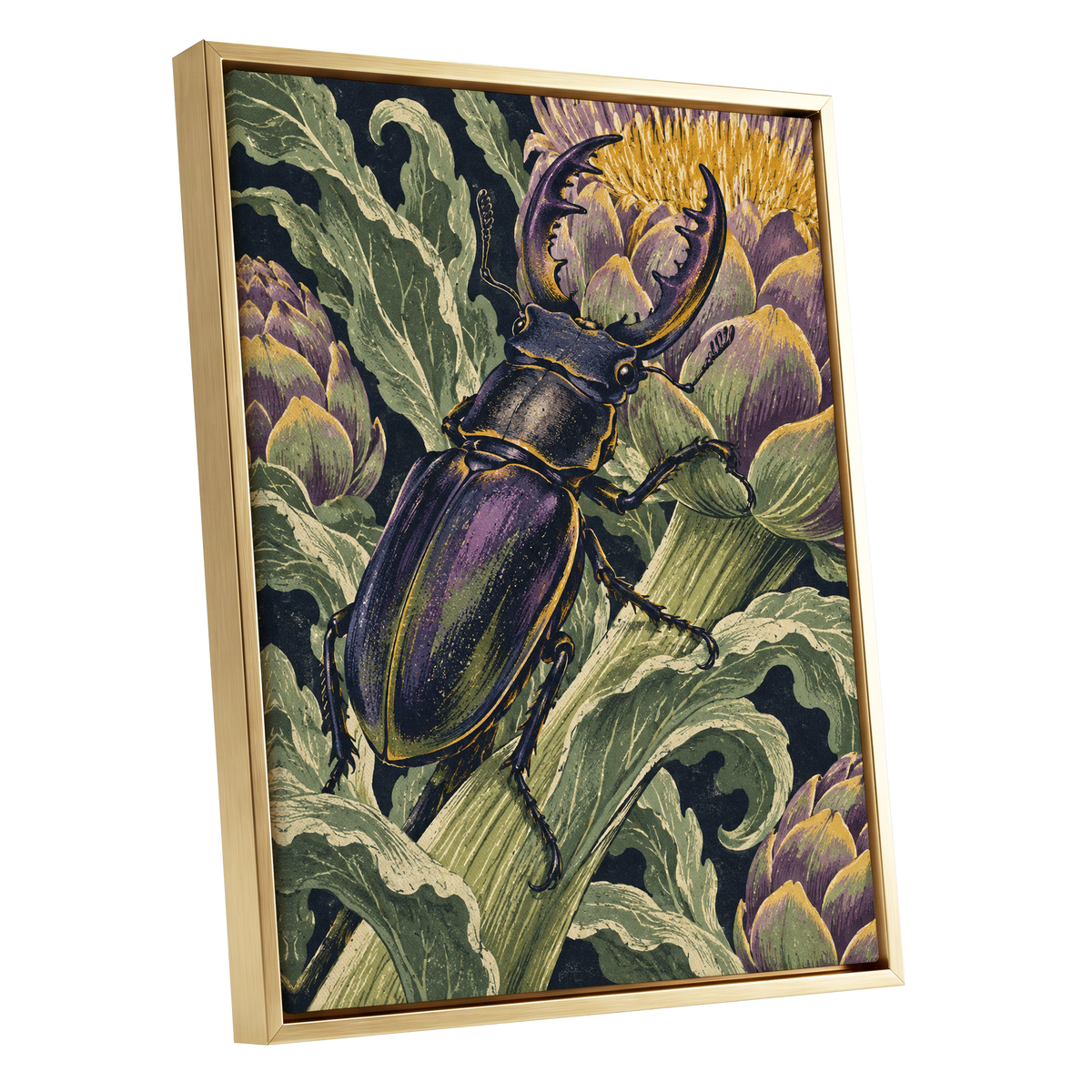 Gilded Garden Beetle, black, green, purple nature wall art shown as a gold framed canvas wall art