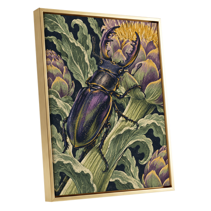 Gilded Garden Beetle, black, green, purple nature wall art shown as a gold framed canvas wall art