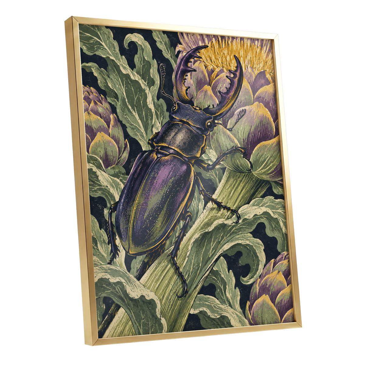 Gilded Garden Beetle, black, green, purple nature wall art shown as a gold framed poster wall art print