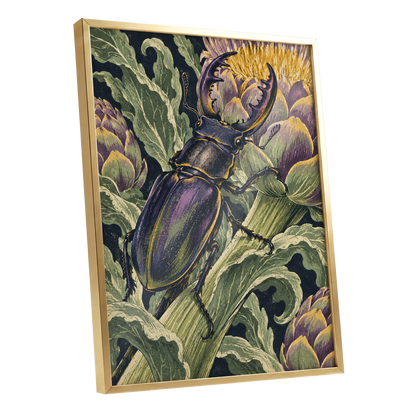Gilded Garden Beetle, black, green, purple nature wall art shown as a gold framed poster wall art print
