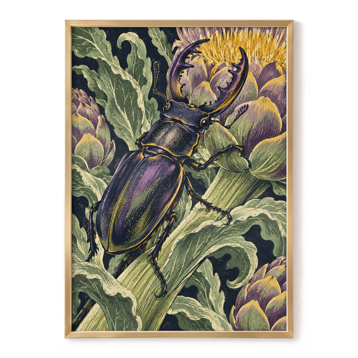 Gilded Garden Beetle, black, green, purple nature wall art, front artwork view