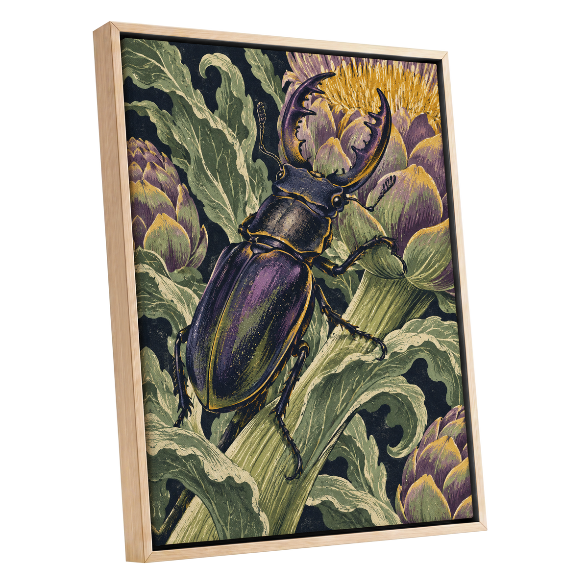 Gilded Garden Beetle, black, green, purple nature wall art shown as a oak framed canvas wall art