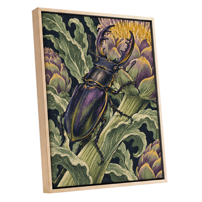 Gilded Garden Beetle, black, green, purple nature wall art shown as a oak framed canvas wall art