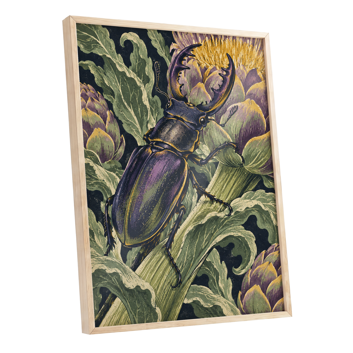 Gilded Garden Beetle, black, green, purple nature wall art shown as a oak framed poster wall art print