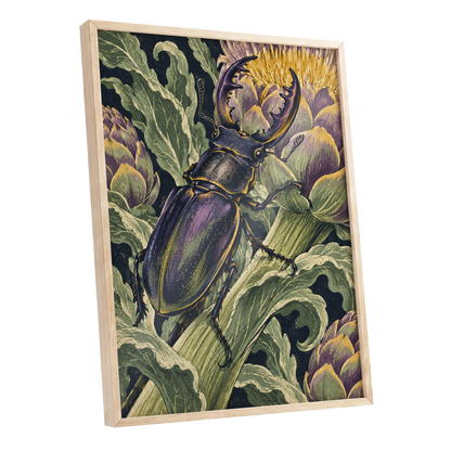 Gilded Garden Beetle, black, green, purple nature wall art shown as a oak framed poster wall art print