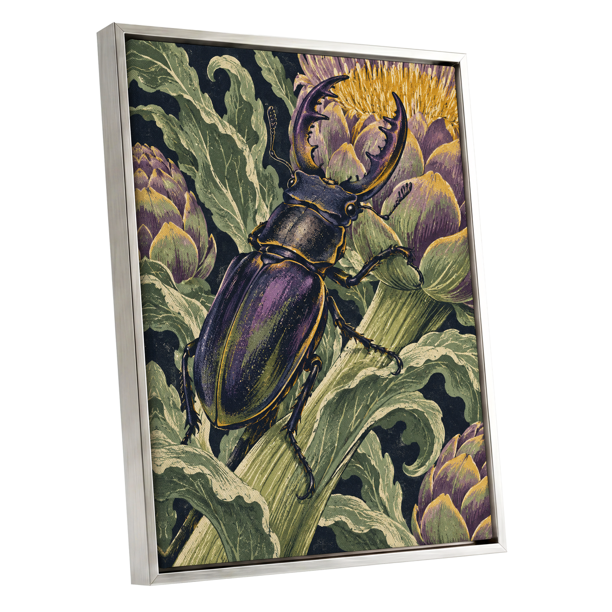Gilded Garden Beetle, black, green, purple nature wall art shown as a silver framed canvas wall art