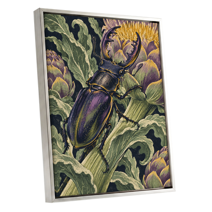 Gilded Garden Beetle, black, green, purple nature wall art shown as a silver framed canvas wall art