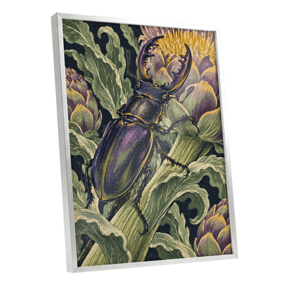 Gilded Garden Beetle, black, green, purple nature wall art shown as a silver framed poster wall art print