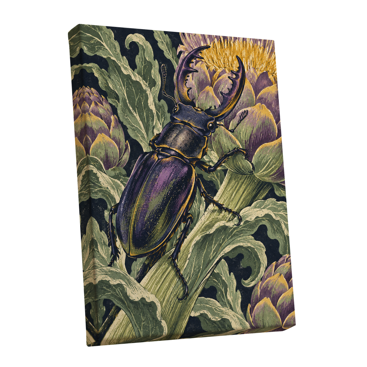 Gilded Garden Beetle, black, green, purple nature wall art shown as a stretched canvas wall art