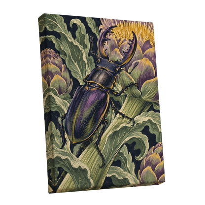 Gilded Garden Beetle, black, green, purple nature wall art shown as a stretched canvas wall art