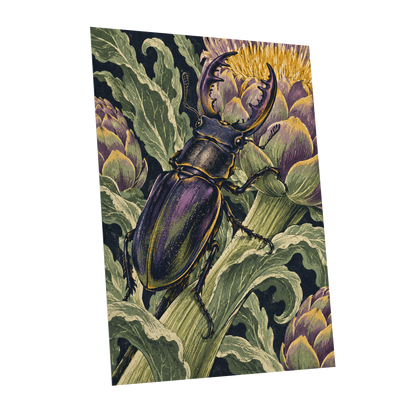 Gilded Garden Beetle, black, green, purple nature wall art shown as a unframed poster wall art print