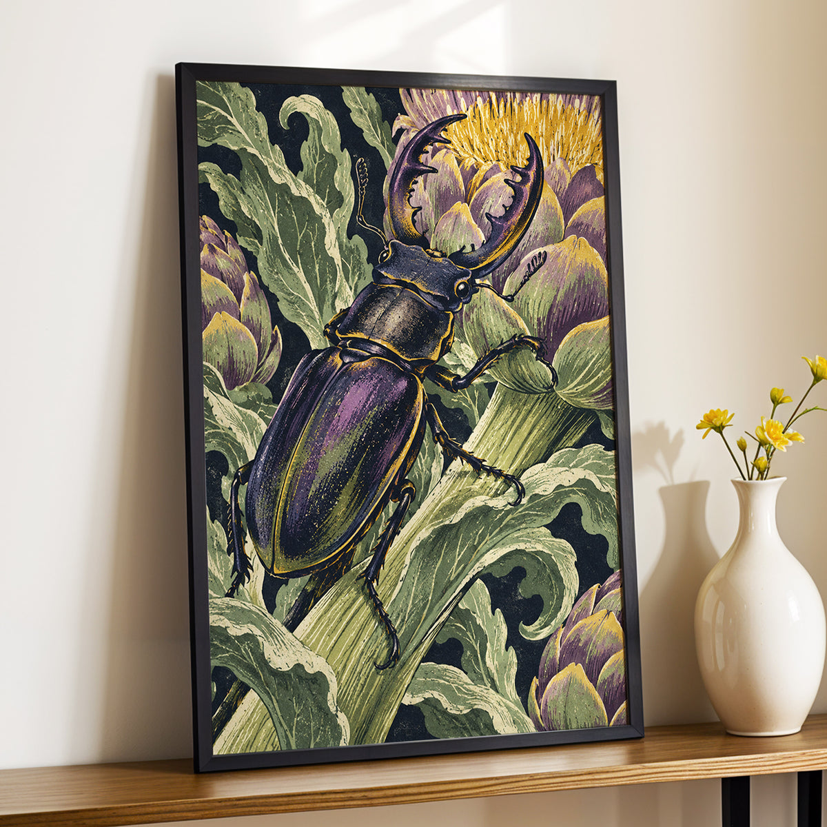 Gilded Garden Beetle, black, green, purple nature wall art displayed in a styled interior, gallery view 2
