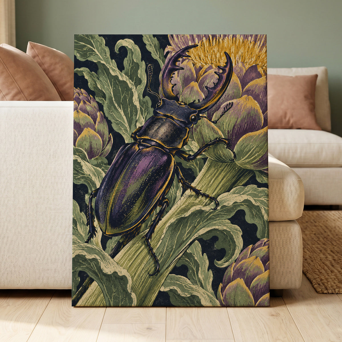 Gilded Garden Beetle, black, green, purple nature wall art displayed in a styled interior, gallery view 3