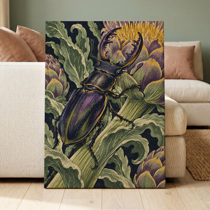 Gilded Garden Beetle, black, green, purple nature wall art displayed in a styled interior, gallery view 3