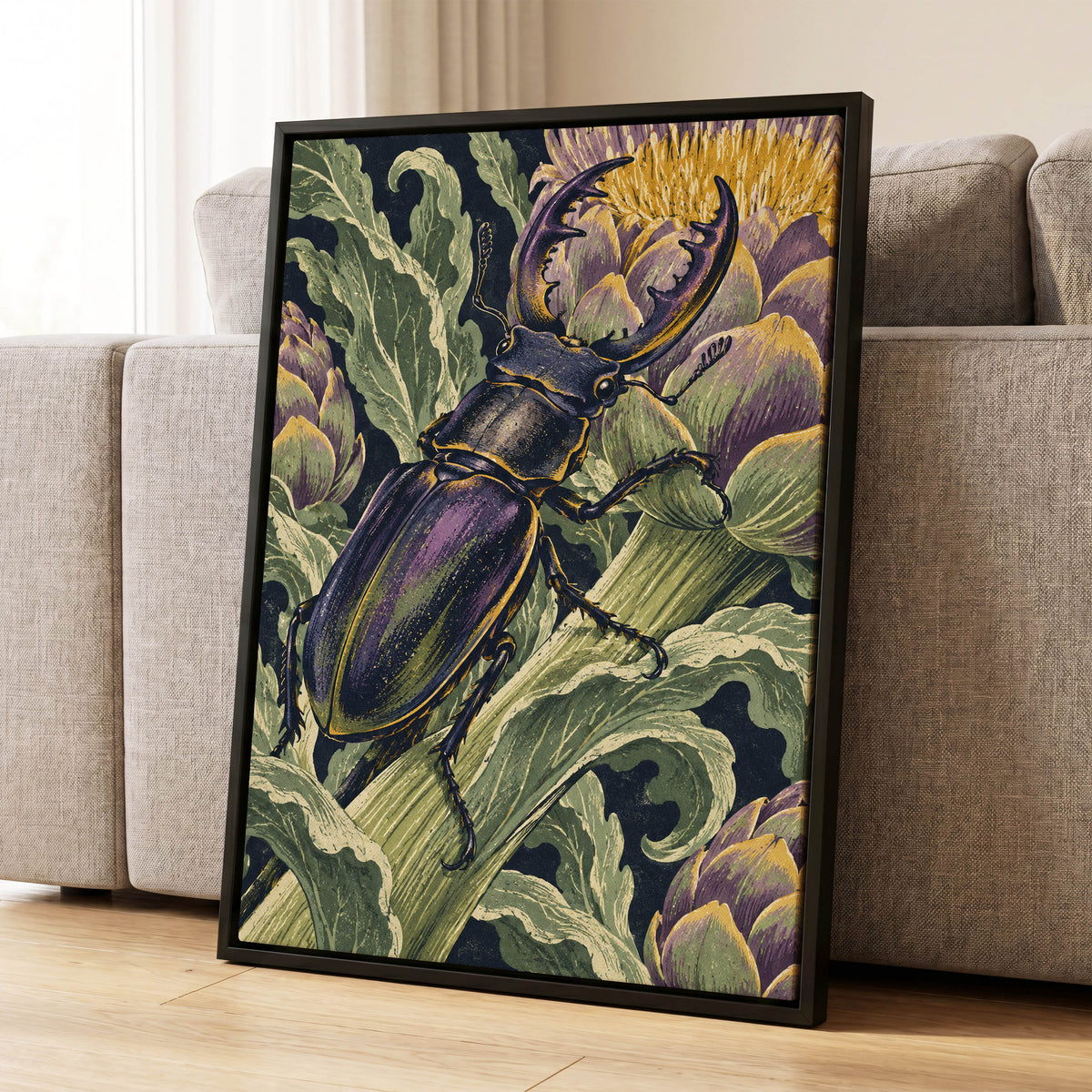 Gilded Garden Beetle, black, green, purple nature wall art displayed in a styled interior, gallery view 4