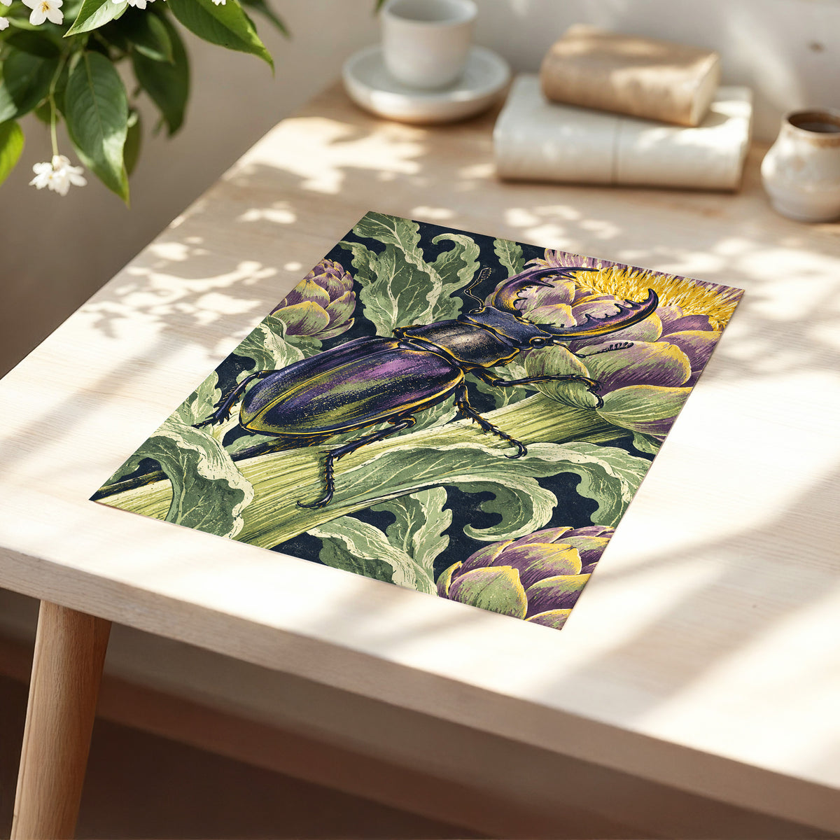 Gilded Garden Beetle, black, green, purple nature wall art displayed in a styled interior, gallery view 5