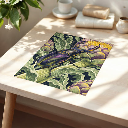 Gilded Garden Beetle, black, green, purple nature wall art displayed in a styled interior, gallery view 5