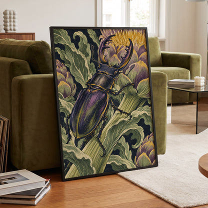 Gilded Garden Beetle, black, green, purple nature wall art displayed in a styled interior, gallery view 6
