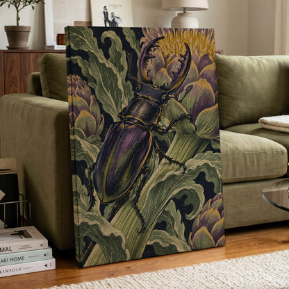 Gilded Garden Beetle, black, green, purple nature wall art displayed in a styled interior, gallery view 7