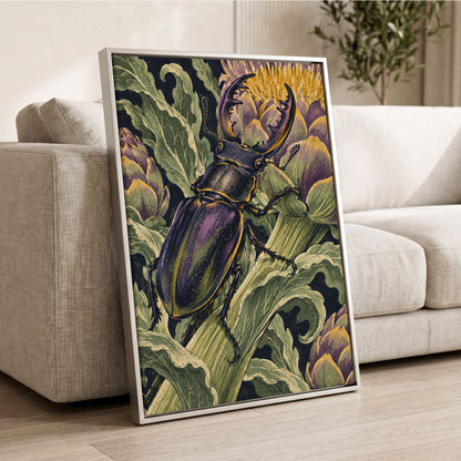 Gilded Garden Beetle, black, green, purple nature wall art displayed in a styled interior, gallery view 8