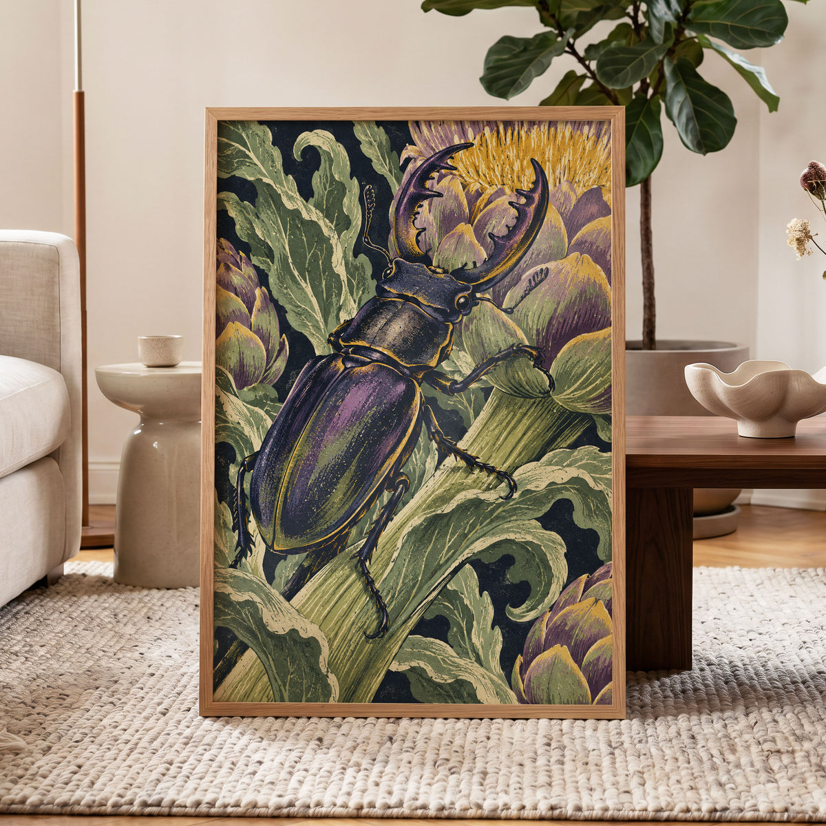 Gilded Garden Beetle, black, green, purple nature wall art displayed in a styled interior, gallery view 9