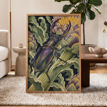 Gilded Garden Beetle, black, green, purple nature wall art displayed in a styled interior, gallery view 9