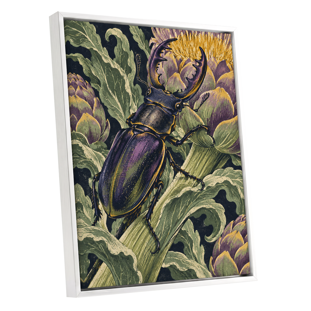Gilded Garden Beetle, black, green, purple nature wall art shown as a white framed canvas wall art