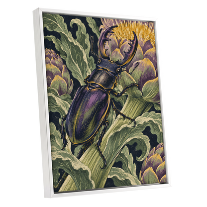 Gilded Garden Beetle, black, green, purple nature wall art shown as a white framed canvas wall art