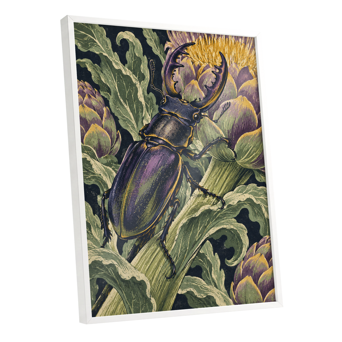 Gilded Garden Beetle, black, green, purple nature wall art shown as a white framed poster wall art print