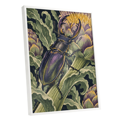 Gilded Garden Beetle, black, green, purple nature wall art shown as a white framed poster wall art print